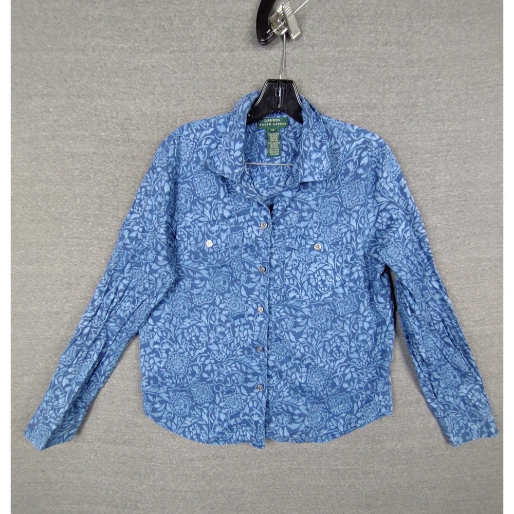 LRL Womens Shirt Medium Blue Floral Button Up‎ Light Coastal Casual Travel